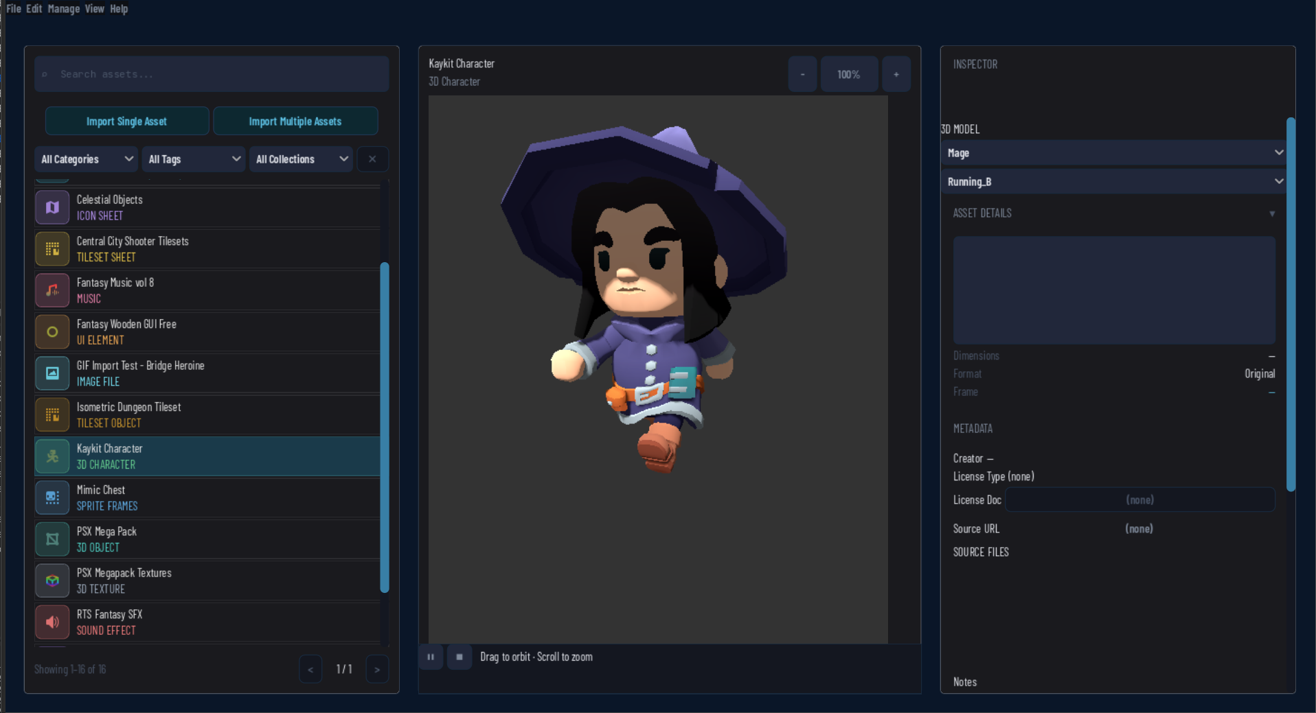 Vault showing a 3D character asset