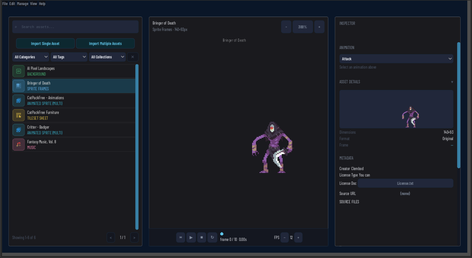 Vault app: browsing animated sprites in a Knight's Folly project